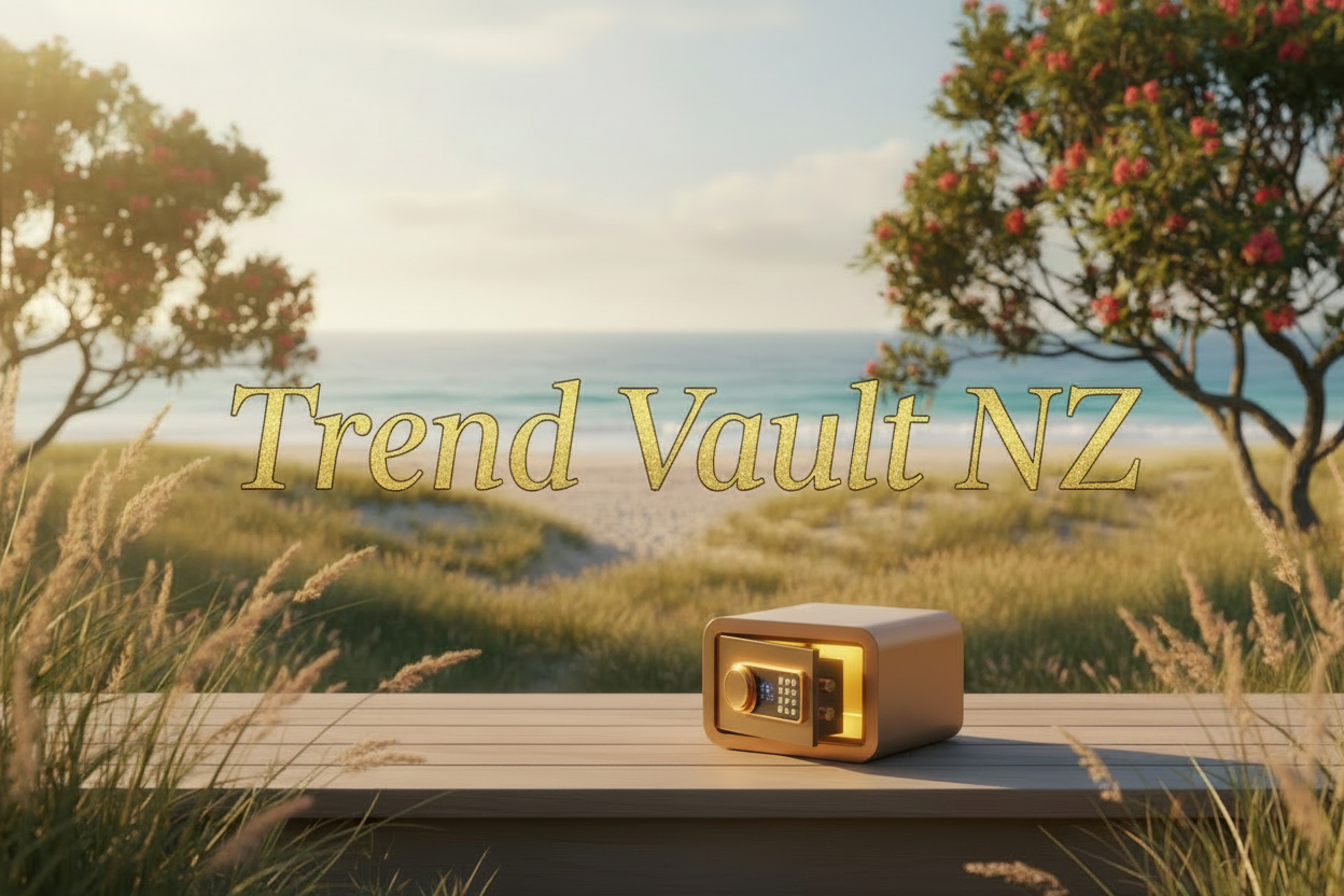 Safe box on a wooden bench with a scenic background and 'Trend Vault NZ' text.